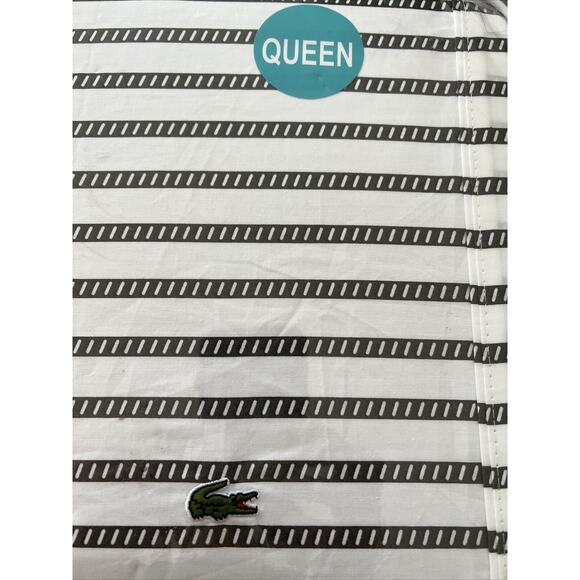 Lacoste Graphic Stripe Gray White 4pc QUEEN Sheet Set 109% Cotton Dark Grey Logo - Picture 3 of 6